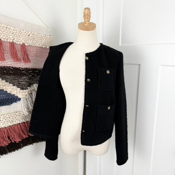 NEW Massimo Dutti Textured Cropped Jacket with Pockets Black Tweed Sz S - Picture 8 of 12